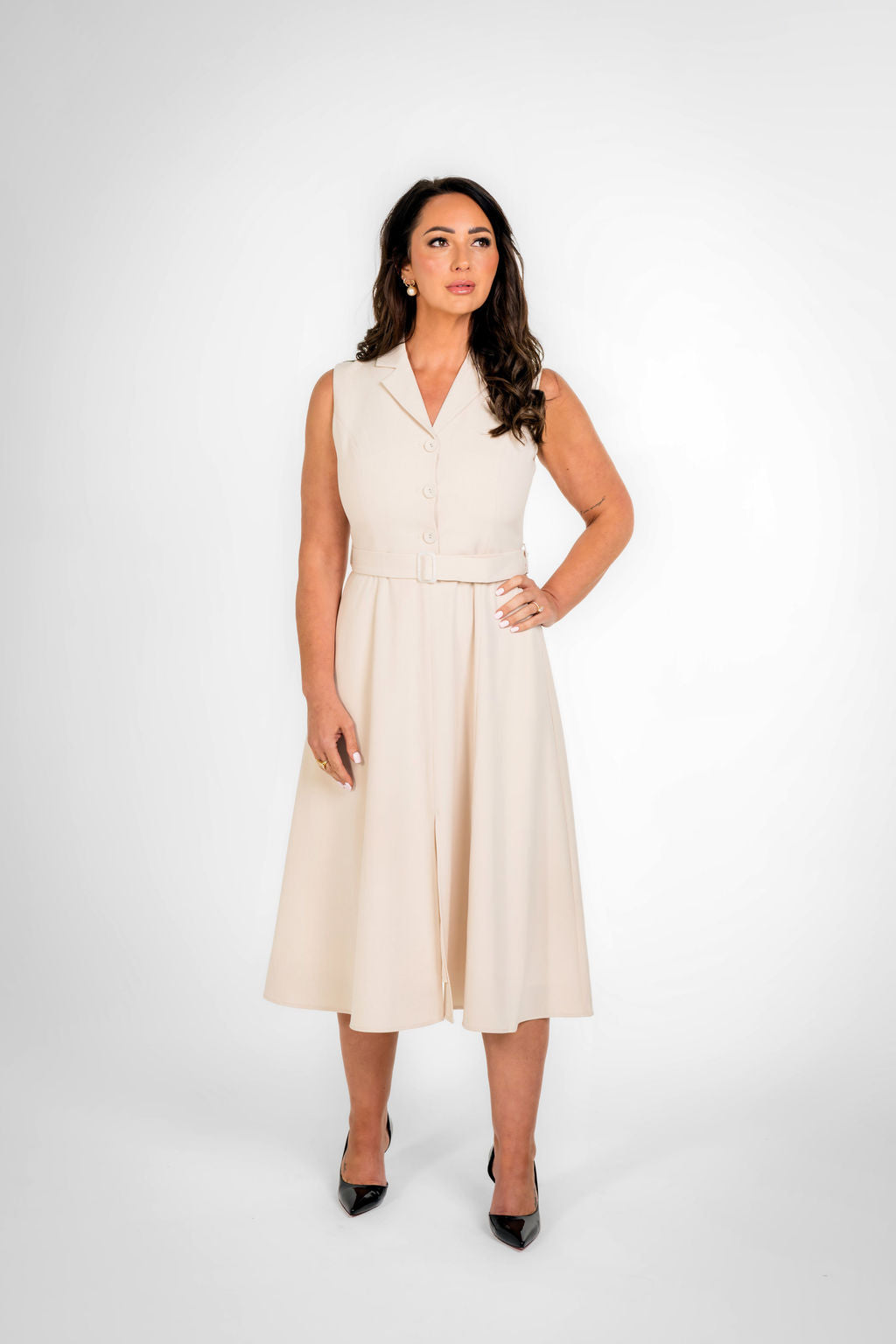 Paris Texture Cream Sleeveless Belted Midi Dress