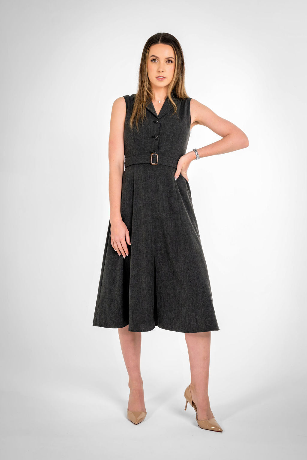 Paris Texture Black Sleeveless Belted Midi Dress
