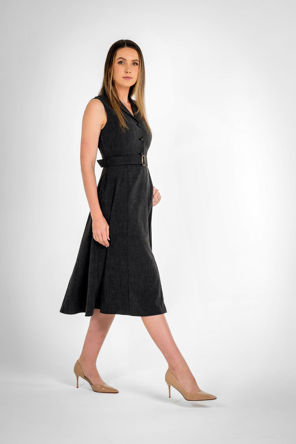 Paris Texture Black Sleeveless Belted Midi Dress