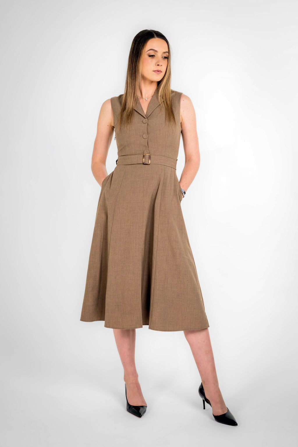 Paris Texture Brown Sleeveless Belted Midi Dress