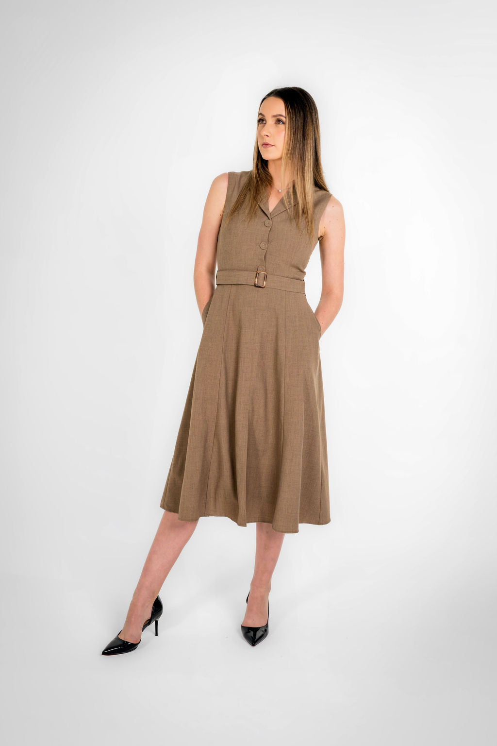 Paris Texture Brown Sleeveless Belted Midi Dress